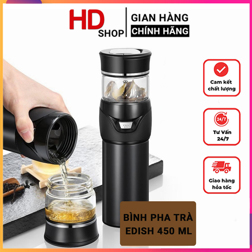 Bình pha trà kiêm bình giữ nhiệt - bình pha trà 450ml có lưới lọc công nghệ đức chất liệu inox thủy tinh, màng lọc thông minh tách rời, nút bấm thông minh - bảo hành 12 tháng toàn quốc