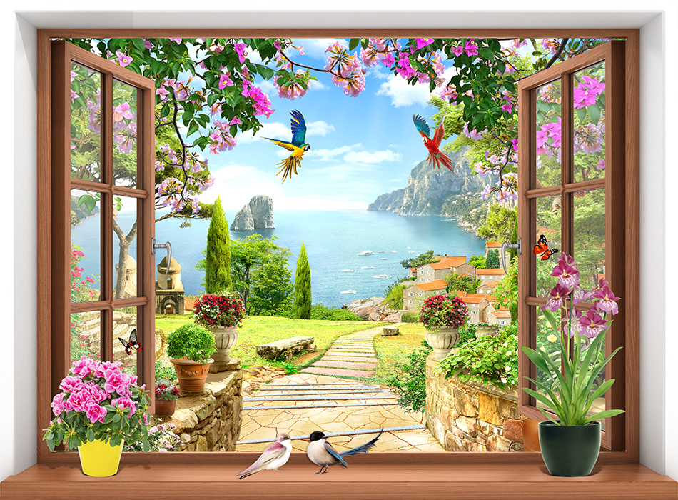 Tranh dán tường cửa sổ Cảnh biển khung màu gỗ trang trí phòng khách VTC VT0436GONEW