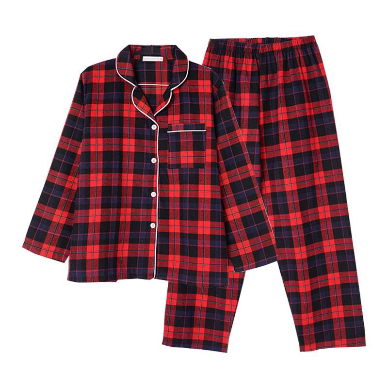 Bộ Pyjama thô cotton kẻ đỏ viền cổ trắng