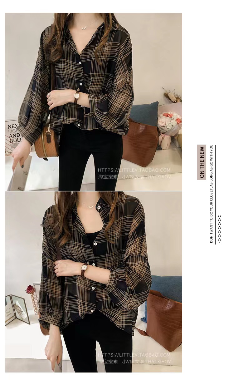 Long sleeve shirts plaid checkered Women wide form