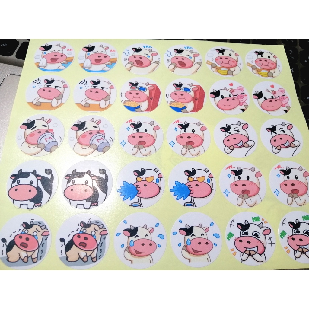 30 miếng dán stickers dạng tròn – hình BÒ SỮA