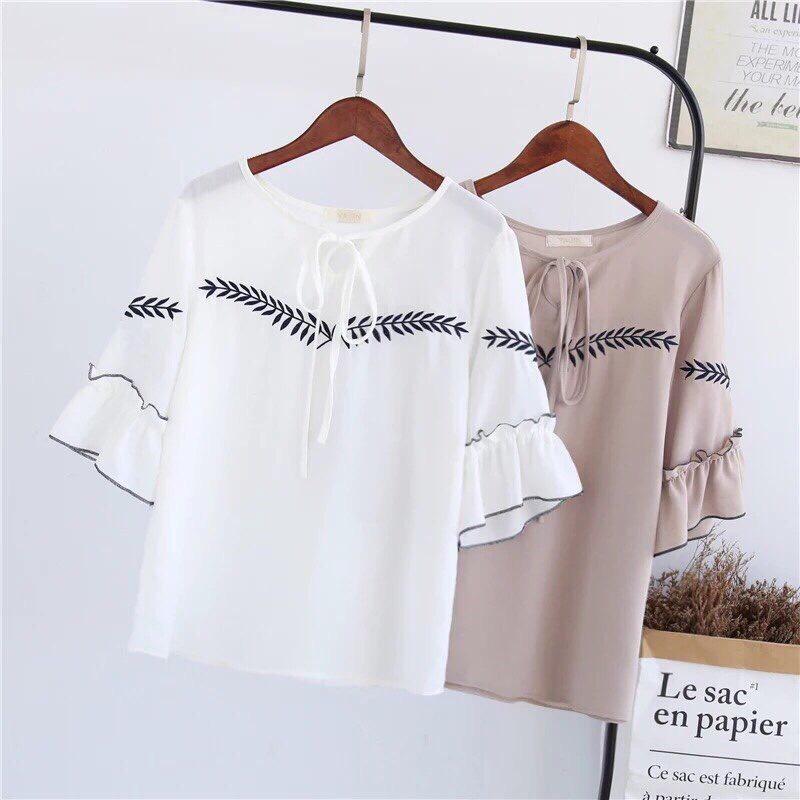 Áo Voan Kiểu Tay Lỡ Kết Hợp Dây Thắc Nơ Ngực Kèm Họa Tiết In Kiểu Thanh Lịch TTSL0219