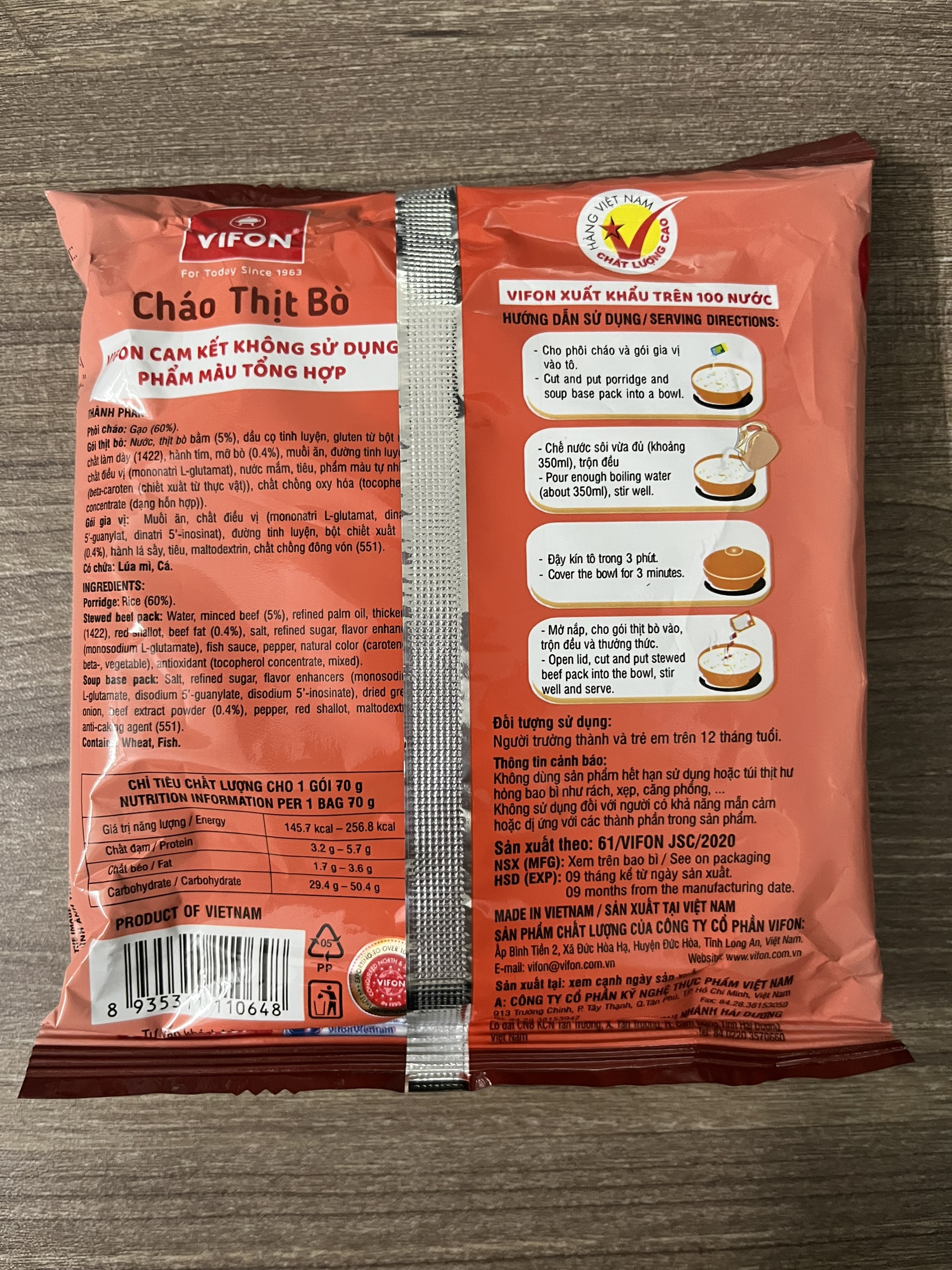 Cháo thịt bò (có gói thịt bò thật) Vifon 70g