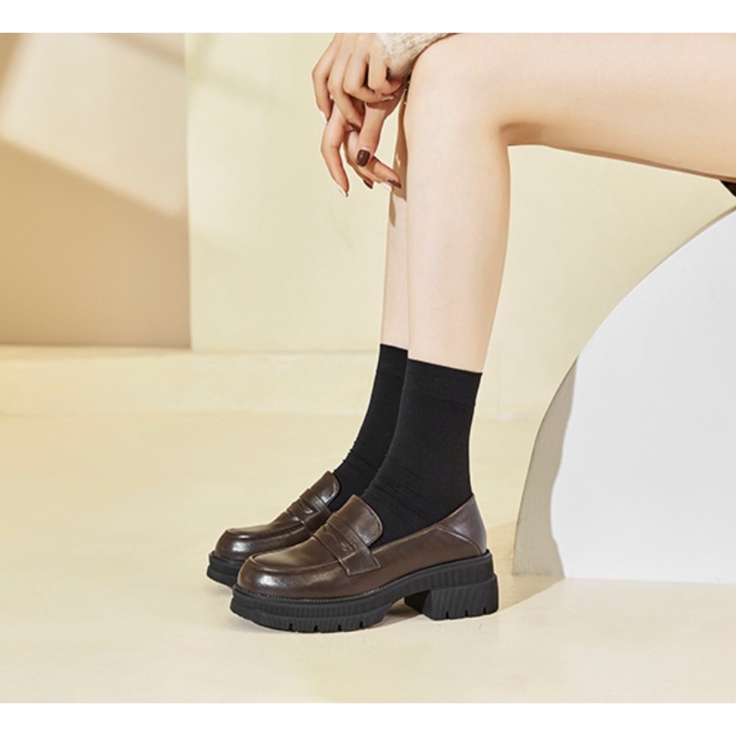 Giày Loafer Nữ Giày Da Bánh Mì 5 Phân Phong Cách Nhật Bản