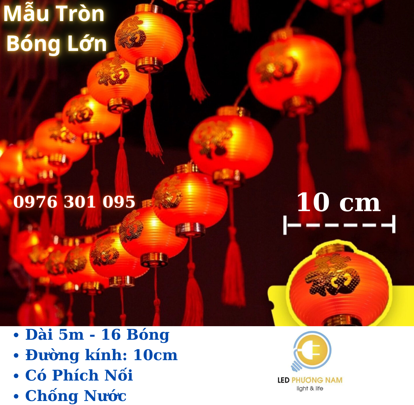 Lồng Đèn Led Đỏ Trang Trí Lễ Tết, Dây 5m 16 bóng có phích nối tiếp