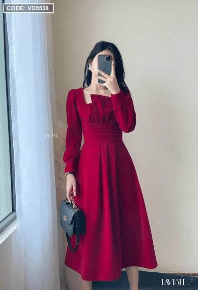 [HCM] Đầm Maxi đỏ ngực xếp ly kiểu bo eo - VD5538