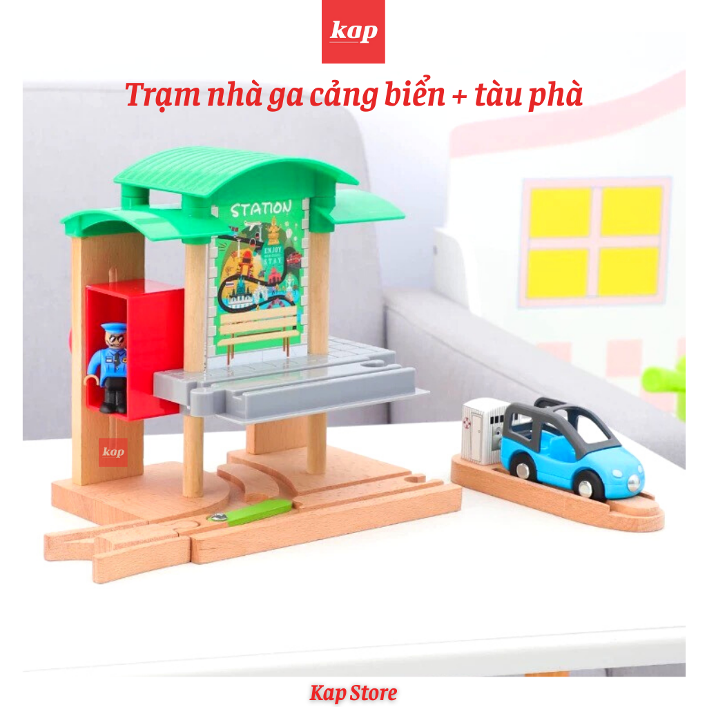 Trạm nhà ga xe lửa, bến phà, phụ kiện mô hình đường ray xe lửa gỗ (kèm 1 xe ngẫu nhiên)