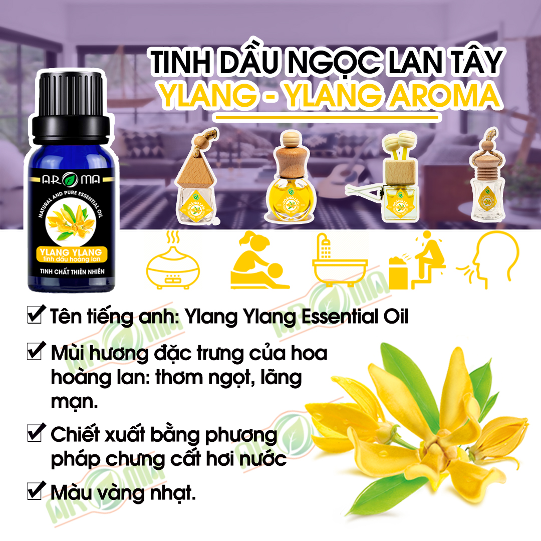 Tinh dầu Ngọc Lan Tây (Hoàng Lan) AROMA Y-Lang essential oil, tinh dầu thiên nhiên, chai kim cương tự khuếch tán treo ô tô, treo thơm phòng