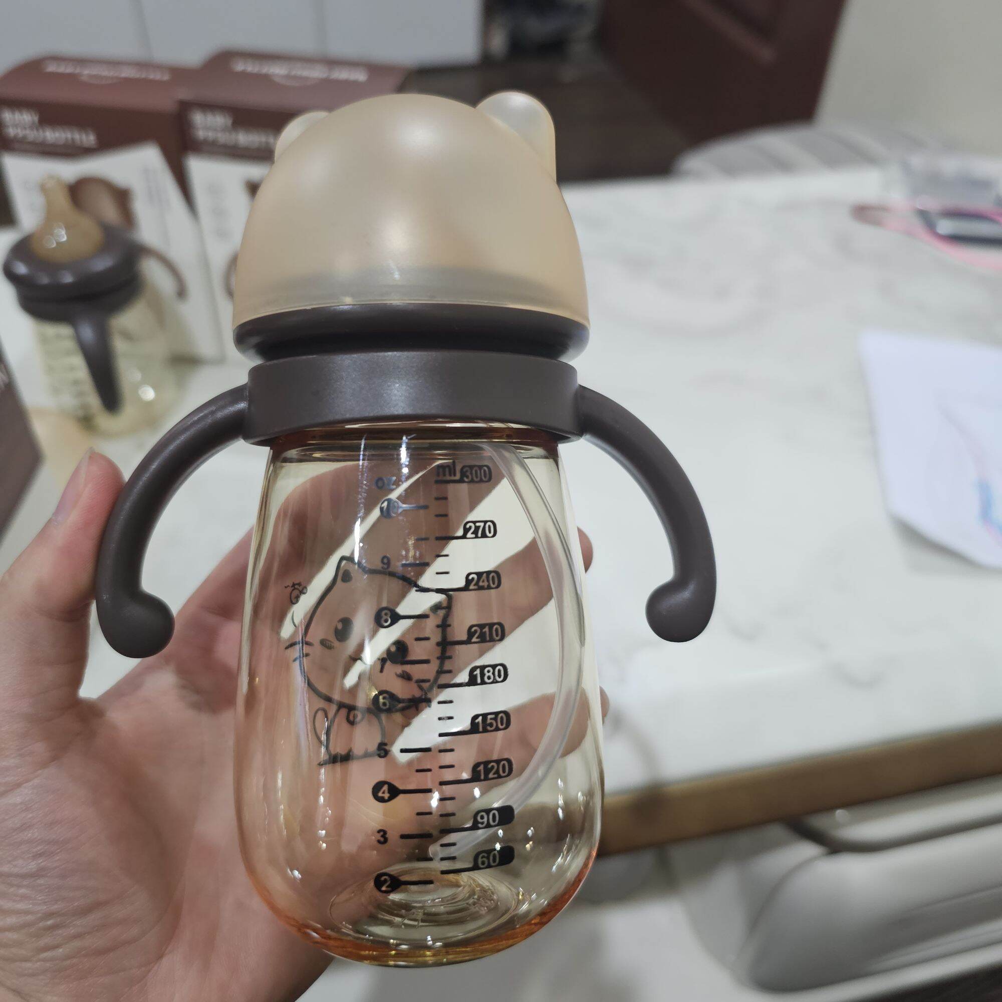Bình sữa hình mèo 240ml/300ml  [có tay cầm và van chống sặc kèm ống hút]
