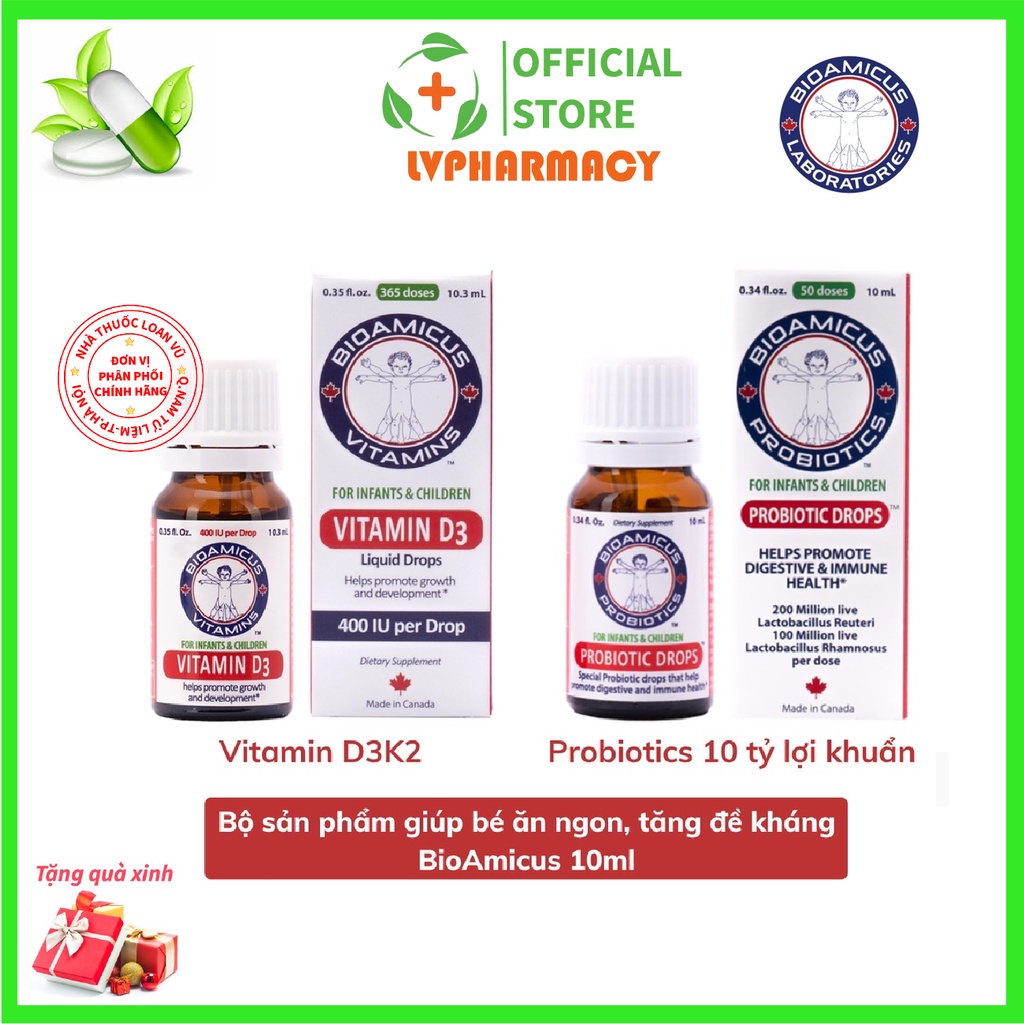 Combo 1 hộp men 10 chủng Bioamicus Complete Probiotics - D3K2 10ml (Có tích điểm đổi quà+quà xinh cho bé)