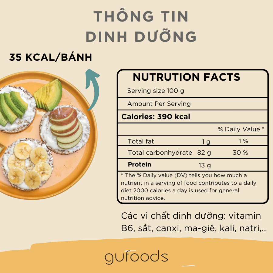 Bánh gạo lứt ăn kiêng GUfoods  - Các vị Yến mạch, Nguyên bản, Huyền mễ, Hạt chia, Diêm mạch, Cỏ ngọt, Superfoods, Mix, Muối hồng