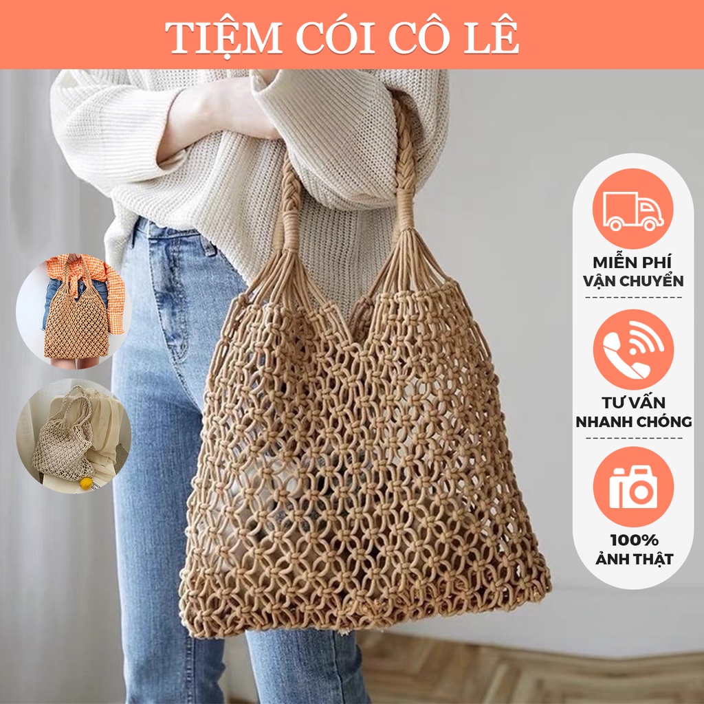Túi lưới đi biển đan thưa quai bện hàng loại 1 cực dày dặn - tiệm cói cô lê