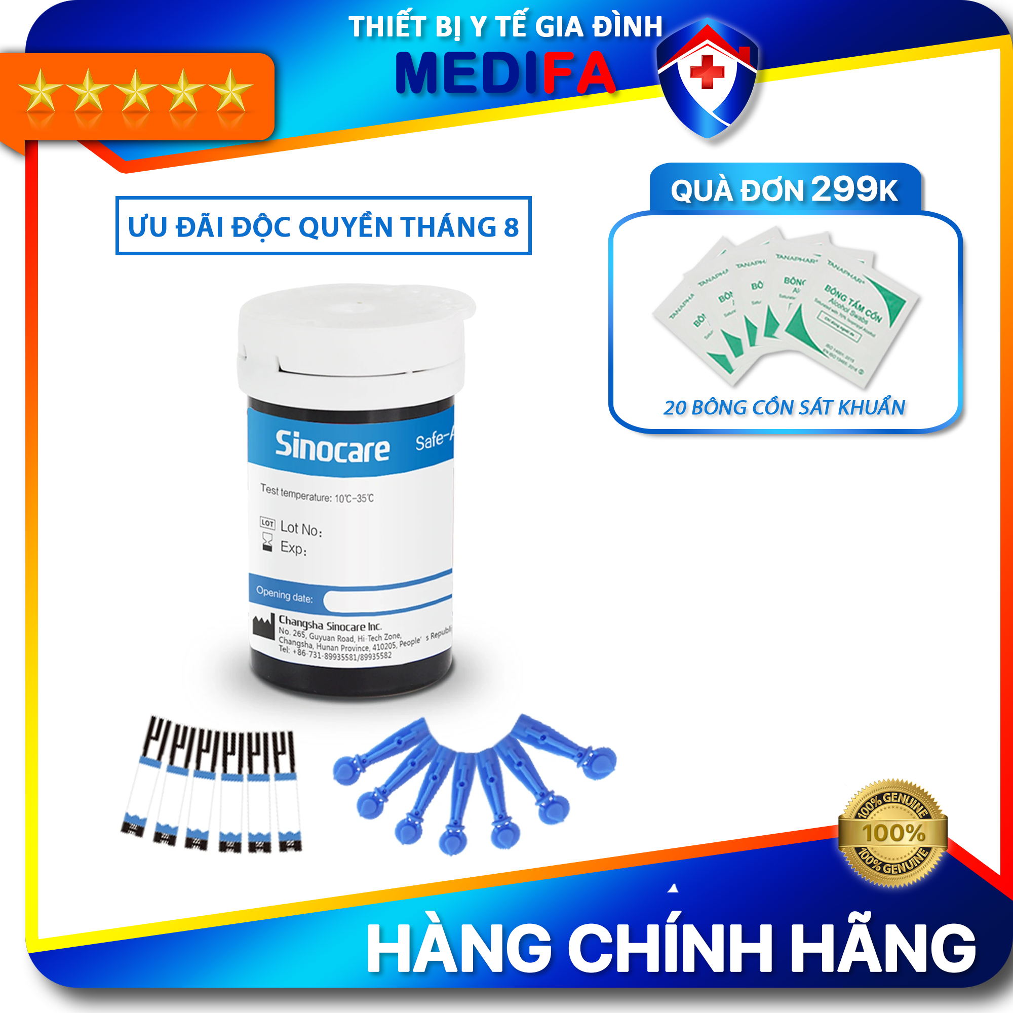 Que Thử Đường Huyết Sinocare Safe-Accu Hộp 50 Que Tặng Kèm Kim Chích Máu, Hàng Chính Hãng, Date Xa