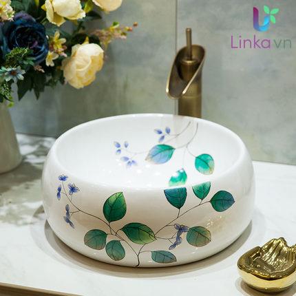 Chậu rửa lavabo gốm sứ nghệ thuật LAV0055 – Họa tiết hoa lá thủ công sang trọng