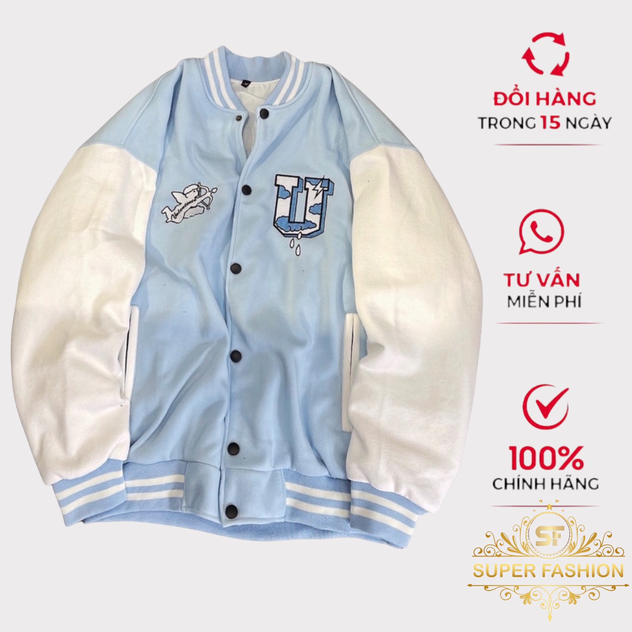 Áo Khoác Bomber Nỉ Nam Phối Hai Màu Trắng Xanh Hình Thiên Thần Chữ U Phong Cách Thời Trang Super Fashion