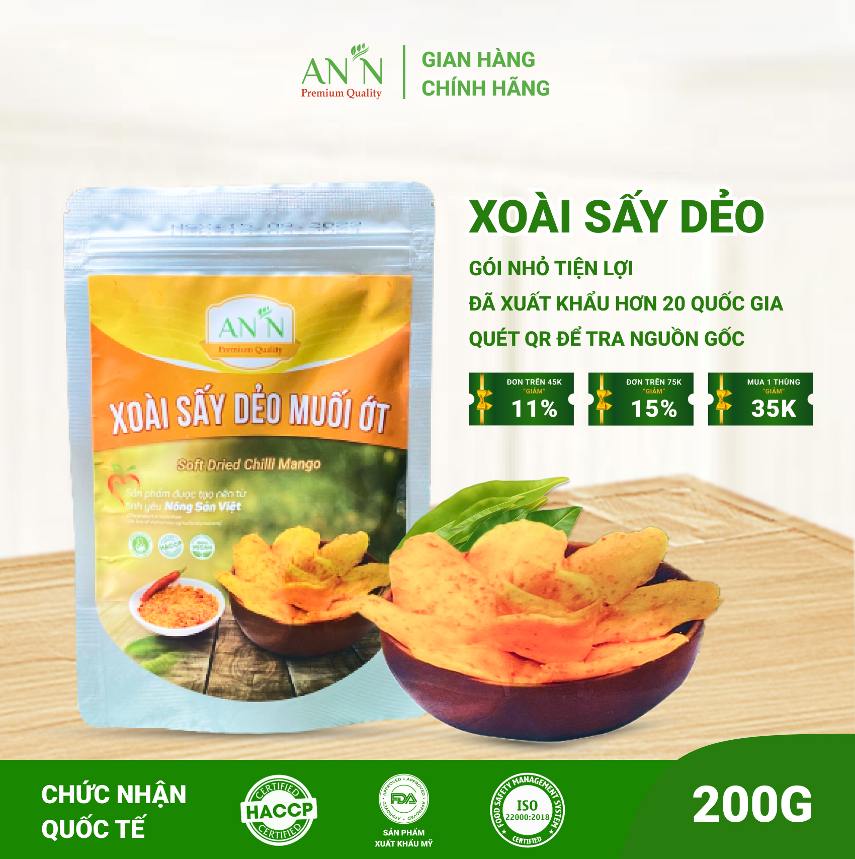 Xoài sấy dẻo muối ớt ít đường nguyên vị an'n loại 1 - túi 200g