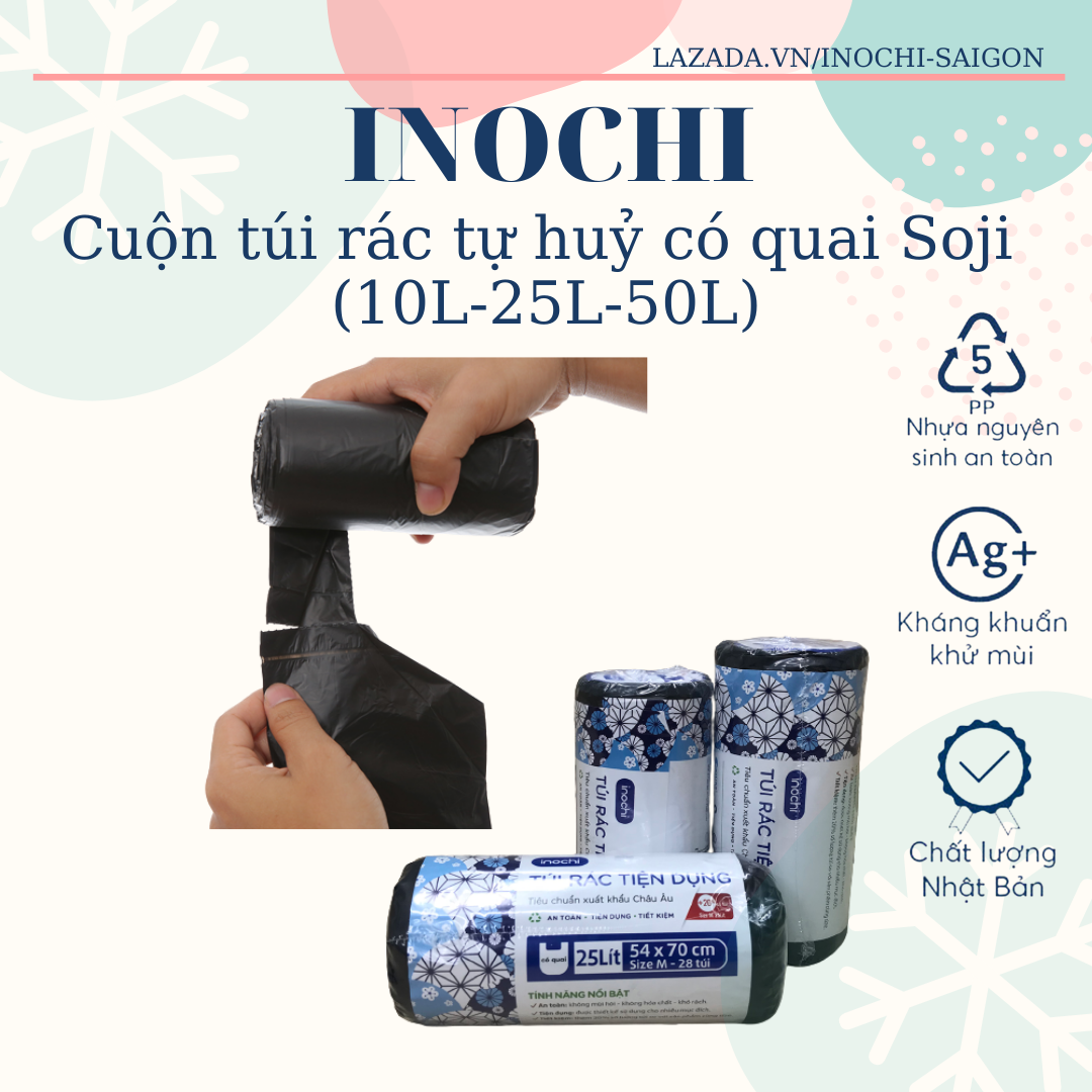 Cuộn túi rác tự huỷ có quai tiện dụng Inochi Soji (dung tích 10L-25L ...