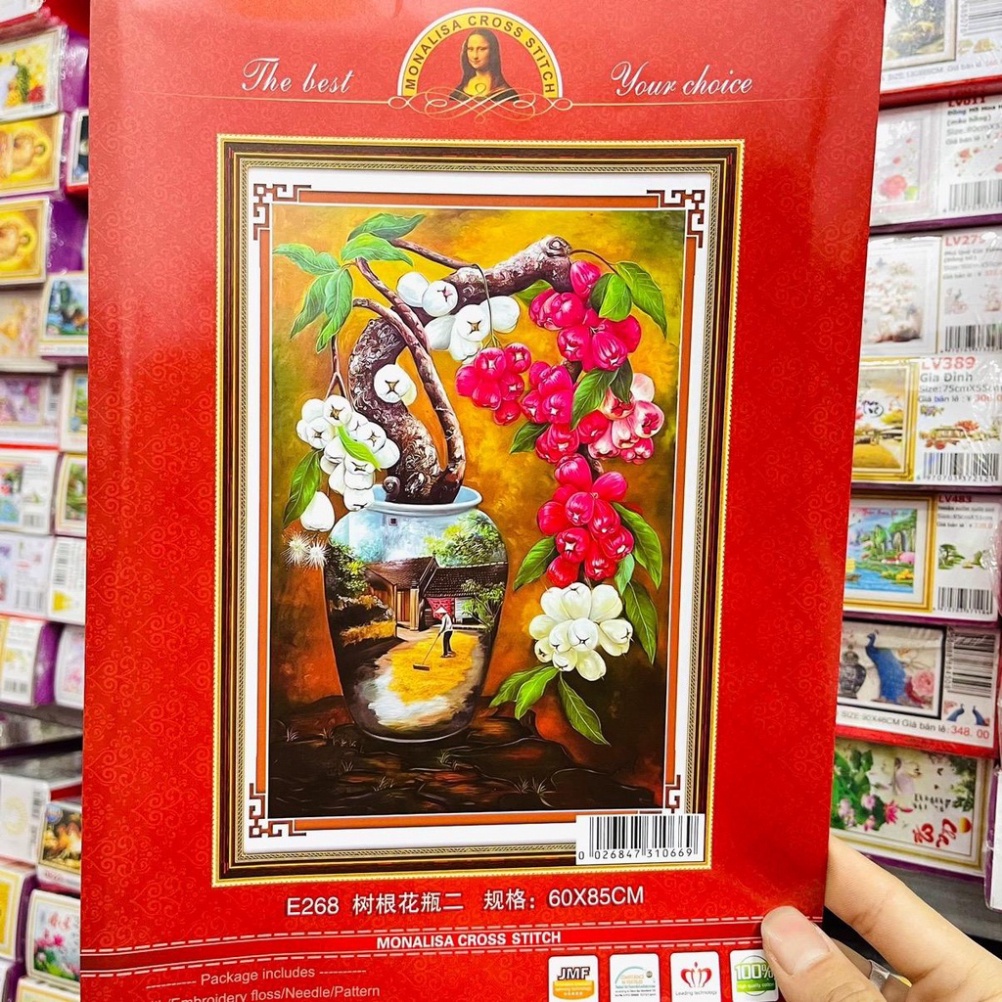 Tranh thêu chữ thập bình mận (chưa thêu) E268