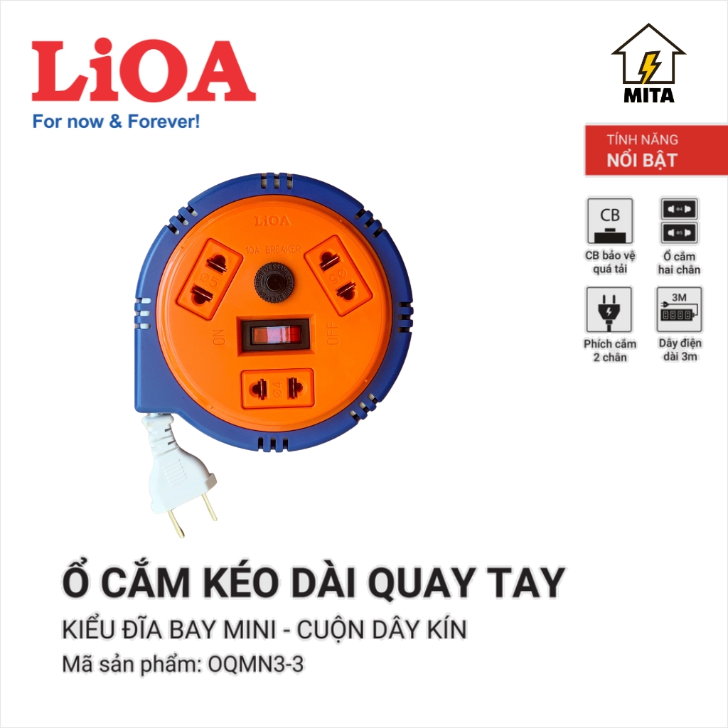 Ổ cắm điện kéo dài quay tay LiOA 3 ổ cắm, Ổ cắm kiểu đĩa bay dây dài 3m/5m/10m - MITA