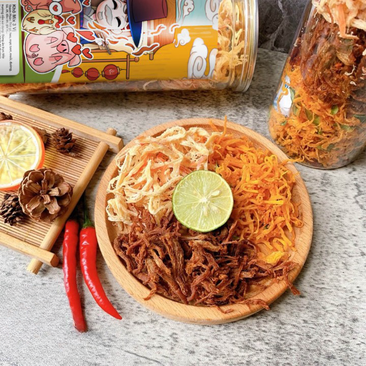 Khô 3 Vị Mix Lon 300G (KHÔ GÀ + KHÔ HEO + MỰC SỢI HẤP DỪA)