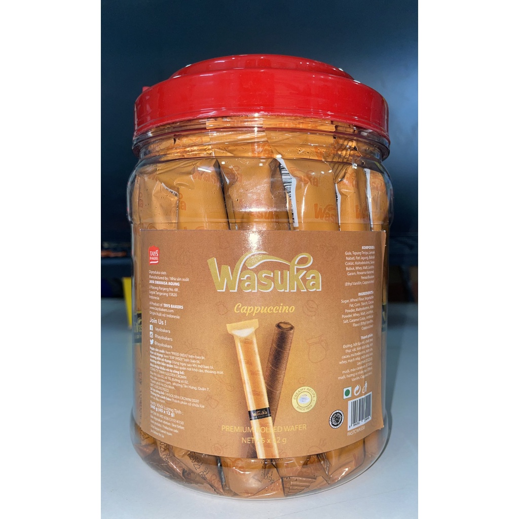 Bánh Quế Wasuka Premium Rolled Wafer Vị Cappuccino (Hủ 50 cây x 9g)