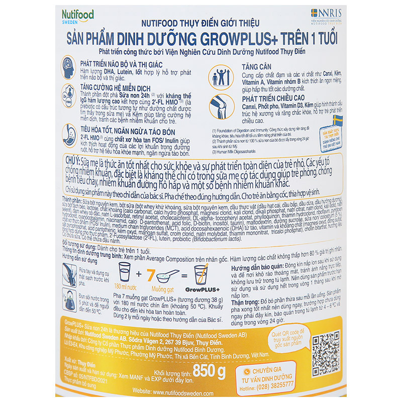 (HSD T1-2028) Sữa Non Vàng Nutifood GrowPLUS+ Số 0+/ 1+/ 2+ Lon 800g.