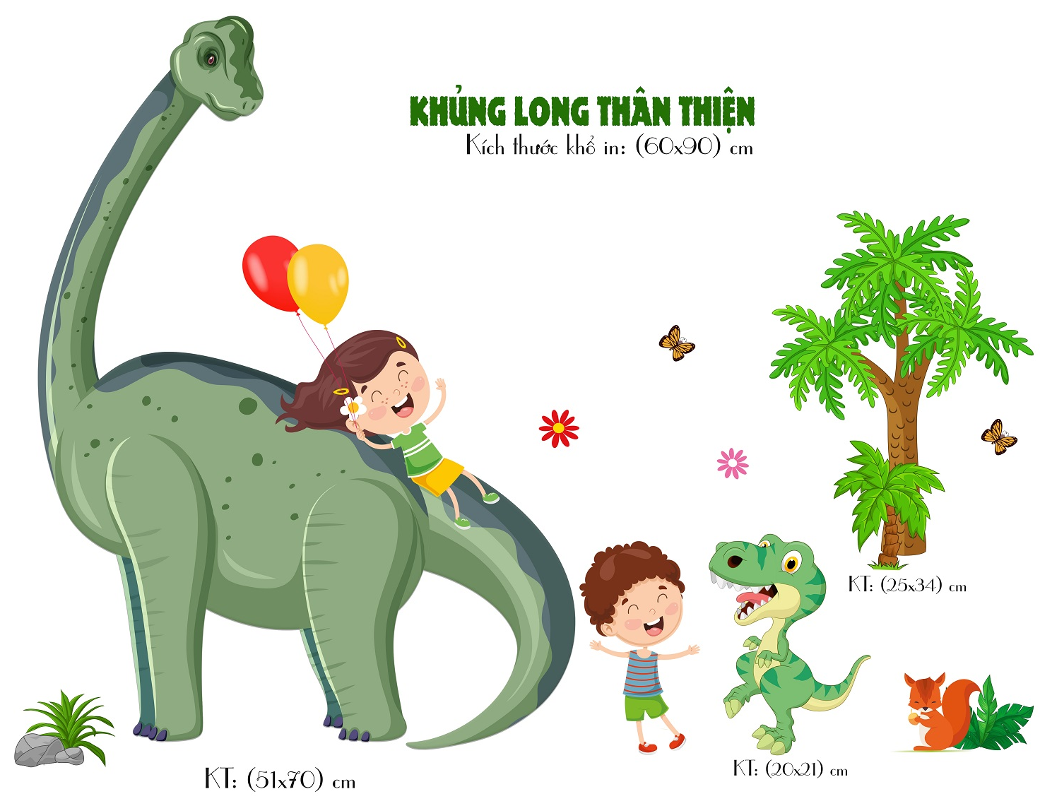 Decal dán tường khủng long thân thiện - trang trí phòng bé