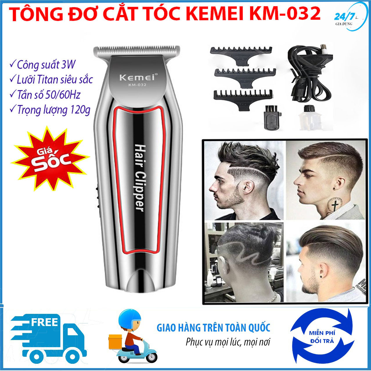[Siêu khuyến mại- Hàng chính hãng] Tông đơ cắt tóc chấn viền Kemei 032, tăng đơ hớt tóc,  tông đơ cắt tóc trẻ em, gia đình, không dây, sạc pin tông đơ cạo, bấm, chấn viền, tạo kiểu tóc lưỡi cố định mạ titan siêu sắc.