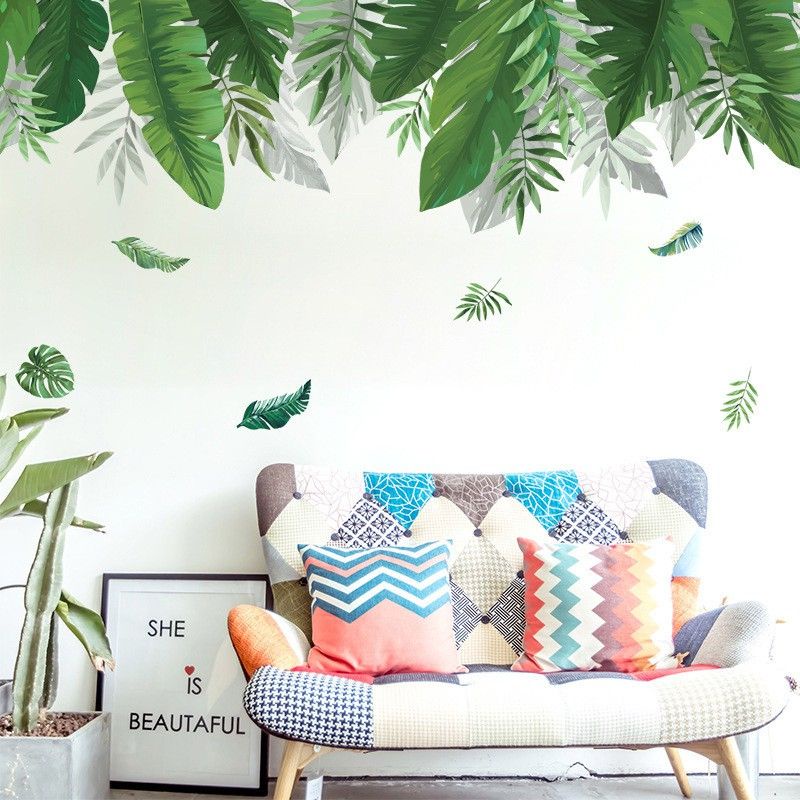 Decal dán tường hoa hồng đỏ và tán lá xanh