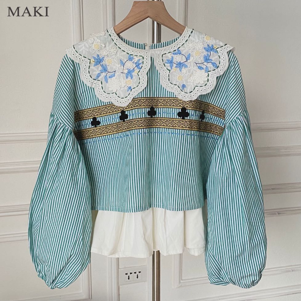 Maki - Magic Top - Embroidered Striped Shirt with Collar