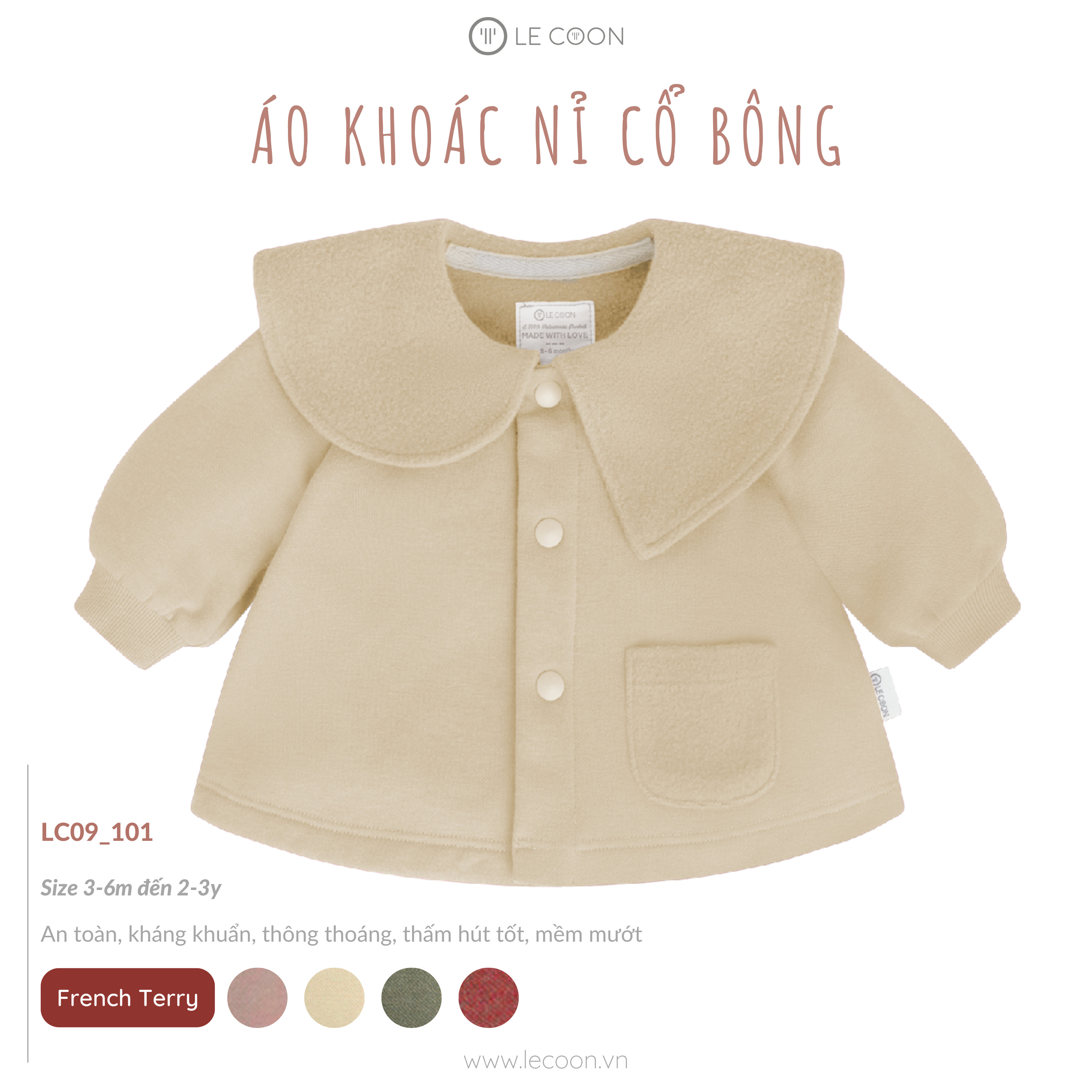 Áo Khoác Nỉ Cổ Bông Le Coon Cho Bé(Size 3-6 Tháng đến 24-36 Tháng)