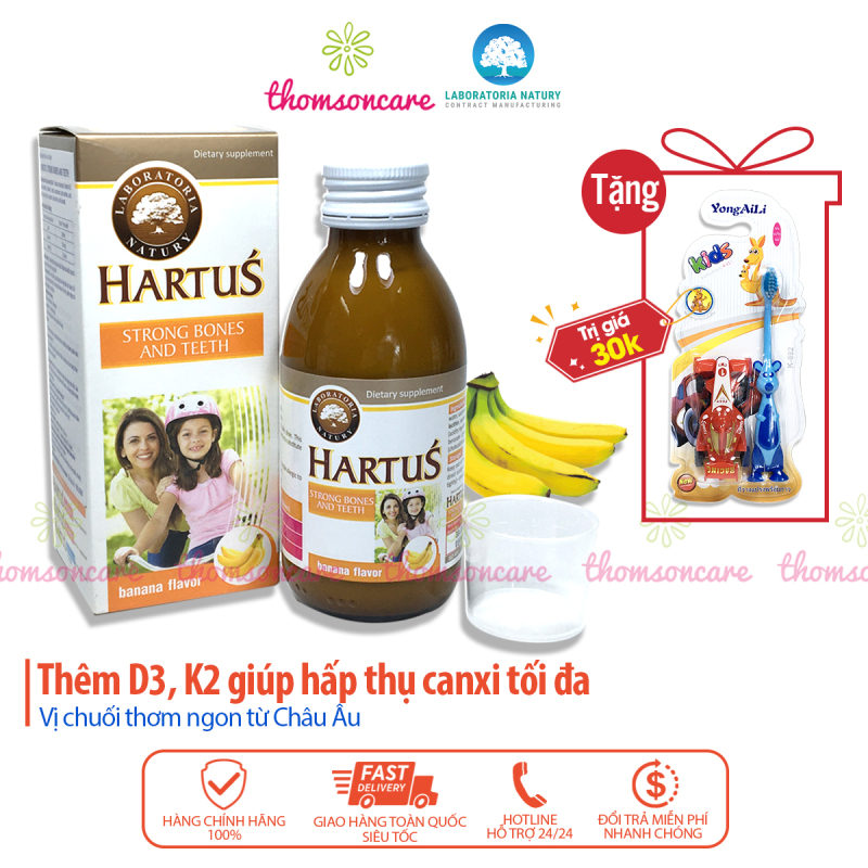 Canxi cho bé từ 4 tháng Hartus - siro thêm Vitamin D3 K2 giúp hấp thu calci tối đa, trẻ tăng chiều cao, giảm còi xương, vị chuối nhập khẩu