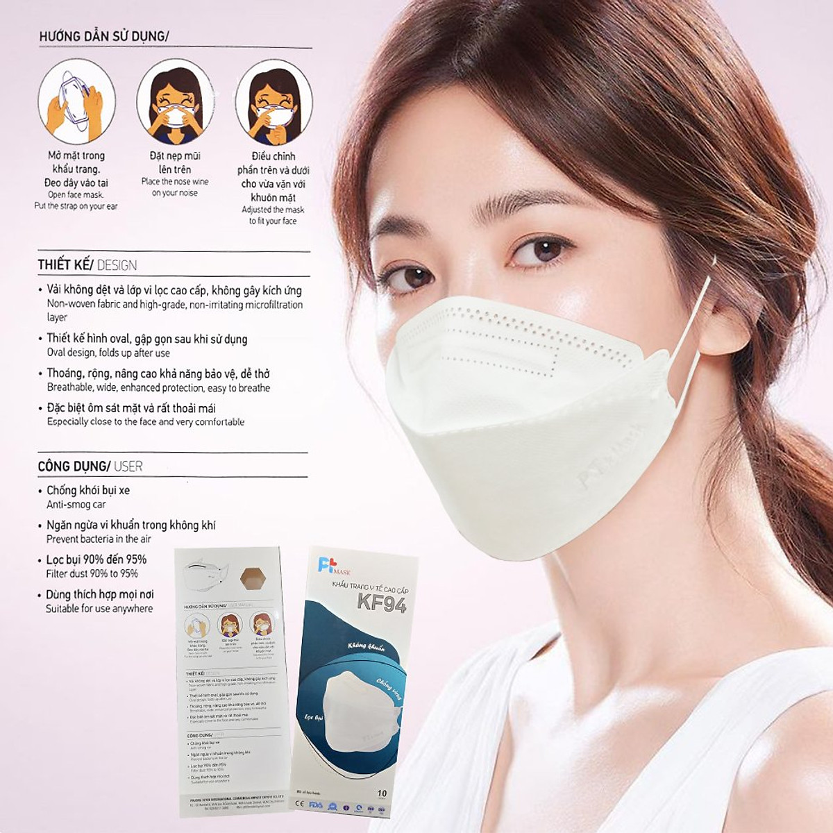 Thùng 30 túi/ 300 cái, 15 túi/150 cái khẩu trang y tế cao cấp kf94 pt mask - màu trắng
