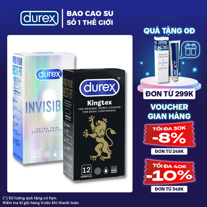 2 Hộp Bao cao su nam nữ Durex Invisible Extra Thin cực siêu mỏng + Durex Kingtex size cỡ nhỏ [Che tên SP 100%]