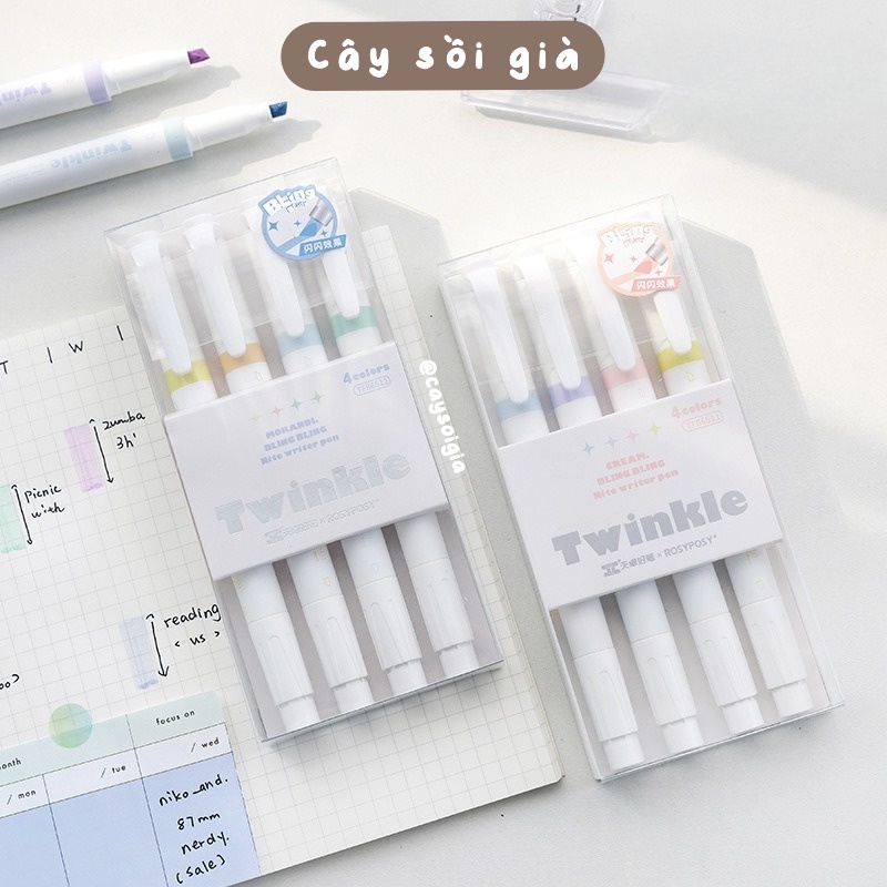 S75 - Bút highlight dạ quang 2 đầu màu pastel ánh nhũ kim tuyến lấp lánh