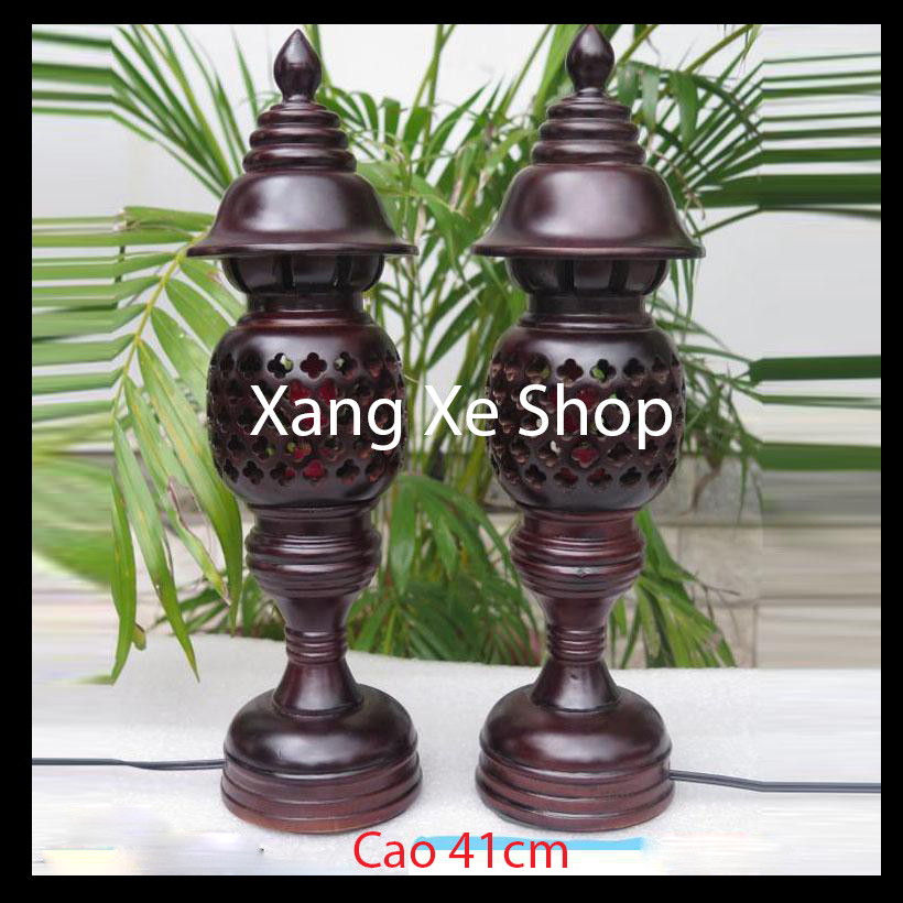Cặp Đèn thờ tổ ong gỗ xà cừ hình quả dứa cao 41cm - Màu đen