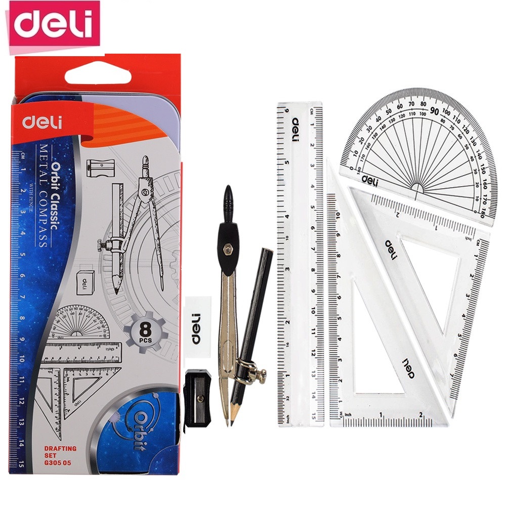 Bộ compa hộp sắt deli / bộ đồ dùng compa eke 8 món g30505