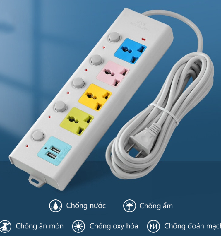 Ổ điện 4 ổ cắm 2 cổng usb dây dài 2m Con Voi