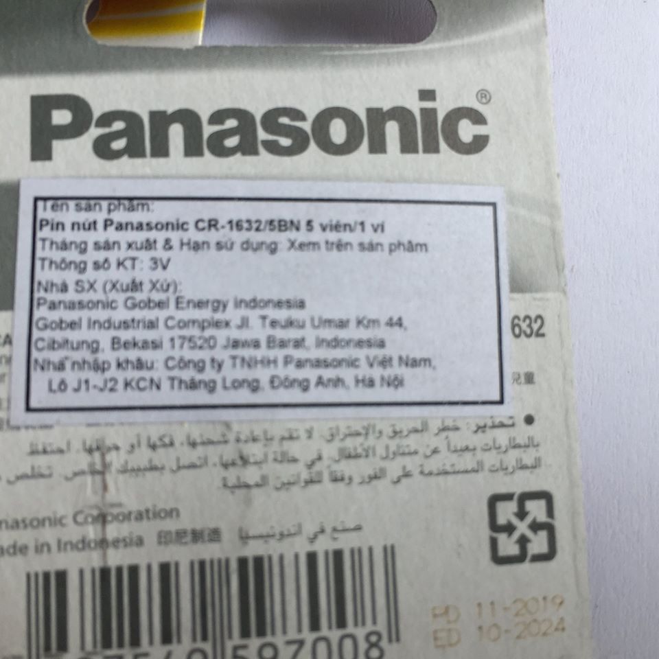 Vỉ 5 viên pin cúc Panasonic CR2016