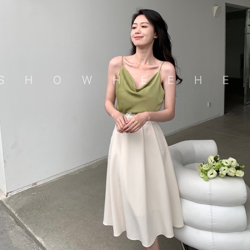 Áo 2 Dây Cổ Đỗ Vải Lụa Sexy Dự Tiệc