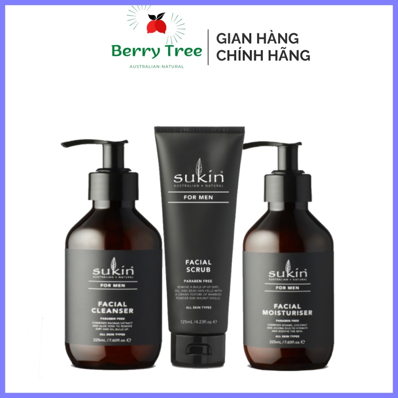 Bộ Chăm Sóc Da Mặt Dành Cho Nam Sukin For Men Facial (Men Cleanser 225ml + Men Scrub 225ml + Men Moisturiser 225ml)