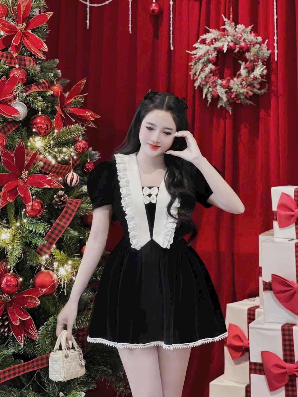 Đầm tiểu thư chất vải nhung phối ren bèo tay phồng, váy xòe ôm eo ngắn mặc đi chơi giáng sinh, mặc tết