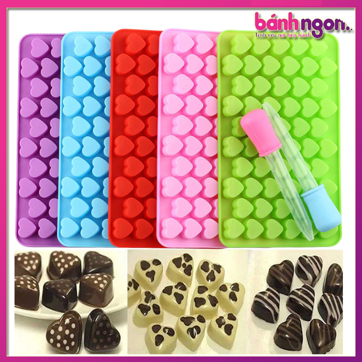Khuôn Silicon Làm Thạch,Kẹo Dẻo,Socola Chịu Nhiệt Cao Thân Thiện Với Môi Trường Tiêu Chuẩn FDA / LFGB  (Mẫu 55 Trái Tim Nhỏ Kèm Ống Bơm)