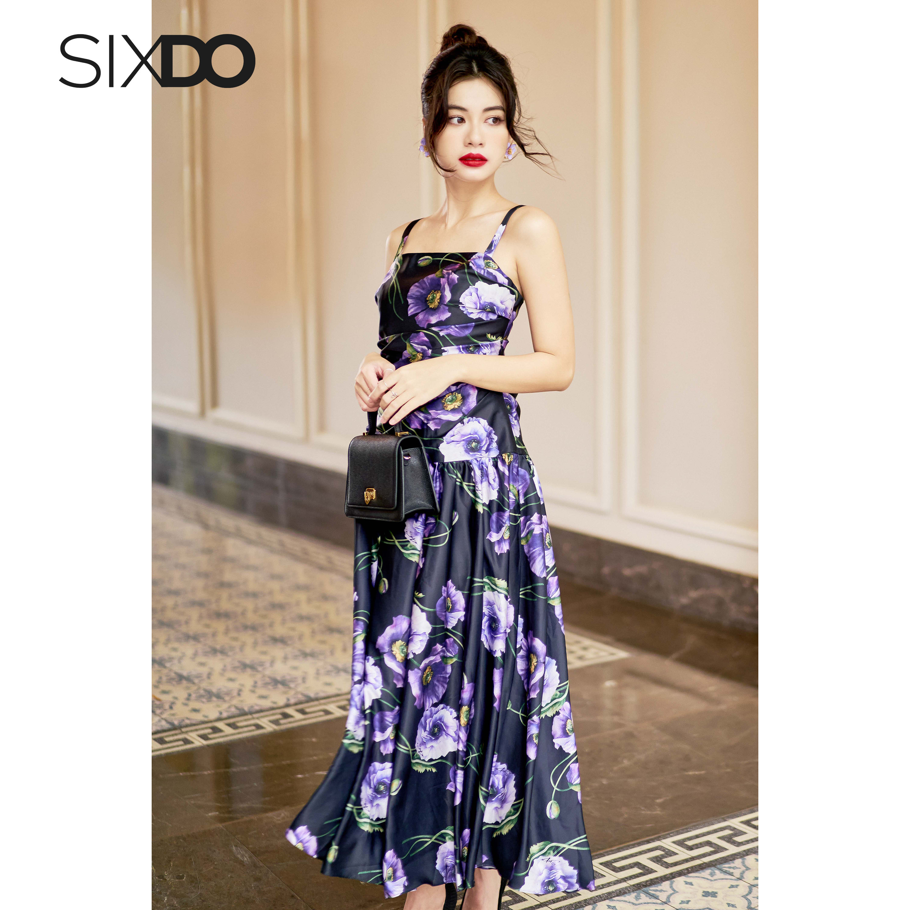 Đầm họa hai dây hoa poppy SIXDO (Black Poppy Midi Silk Dress)