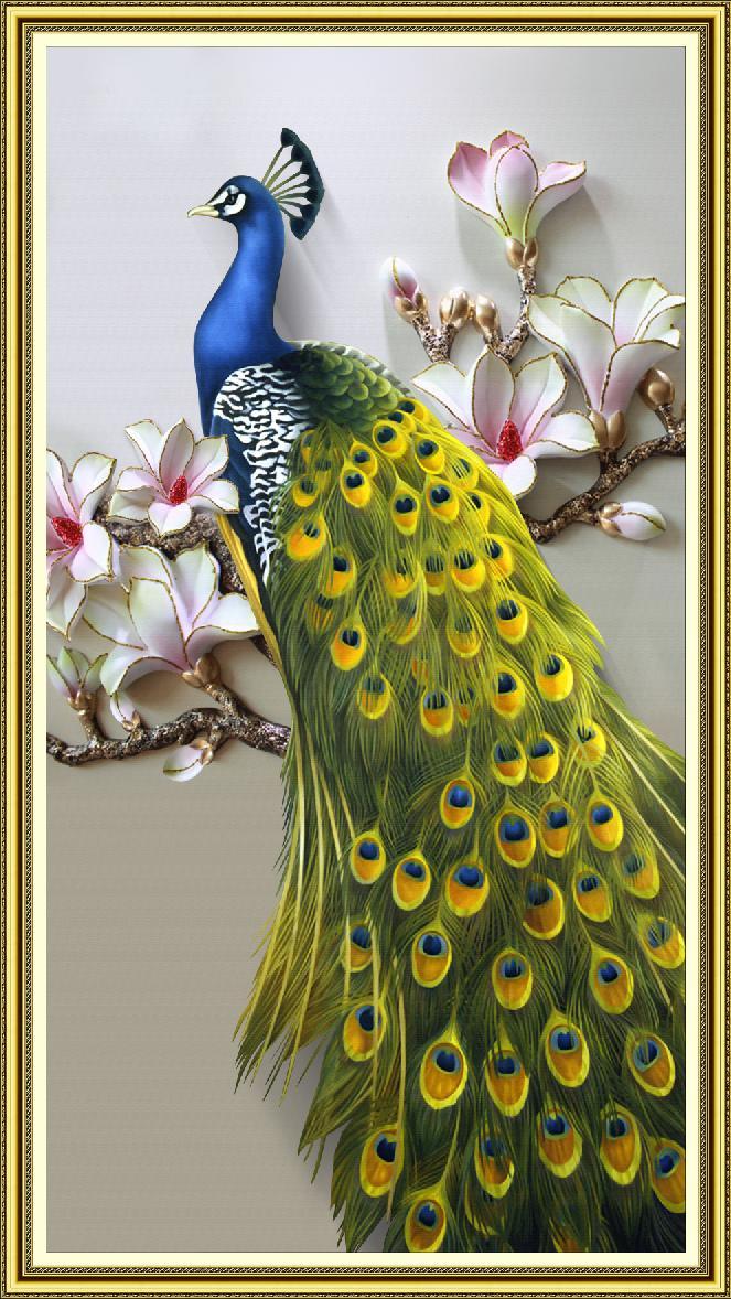 Tranh dán tường 3D VTC Chim công khổ dọc UD0575K KT 90 x 160 cm Kim sa