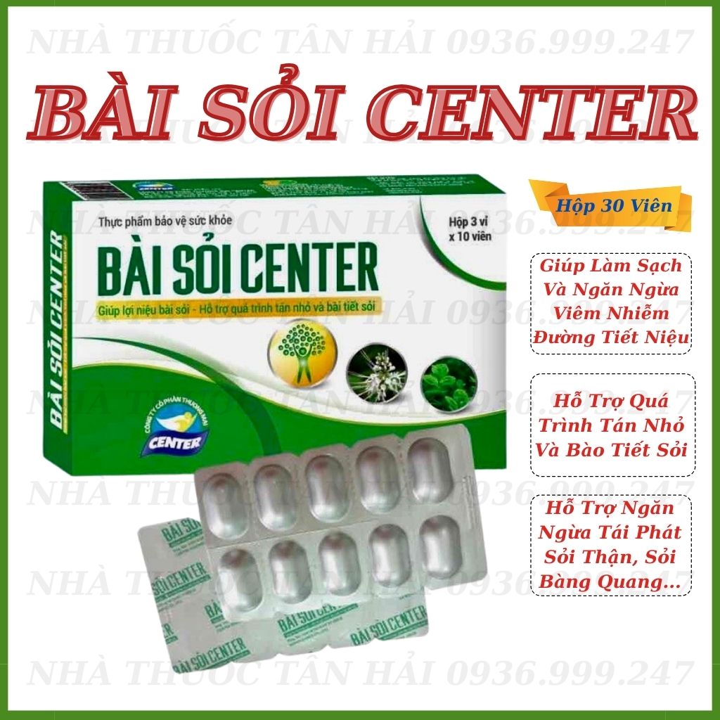 Bài sỏi Center, viên uống giúp lợi tiểu, hỗ trợ quá trình tán nhỏ và bài tiết sỏi thận, sỏi mật, bàng quang, hộp 30 viên
