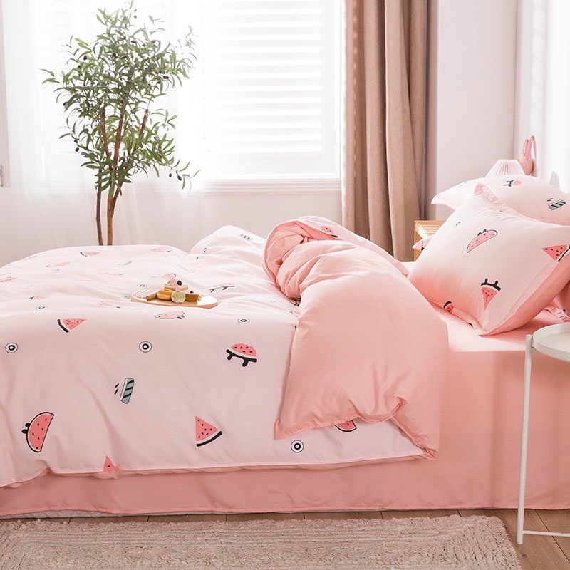 Chăn ga gối cotton poly - Mẫu dưa hấu hồng.