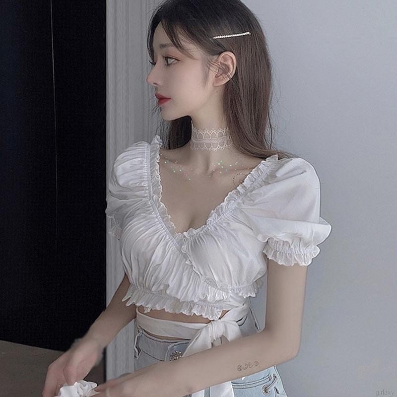 [HCM]Áo kiểu nữ kate lụa nhún dây cột eo croptop FreeSize dưới 53kg