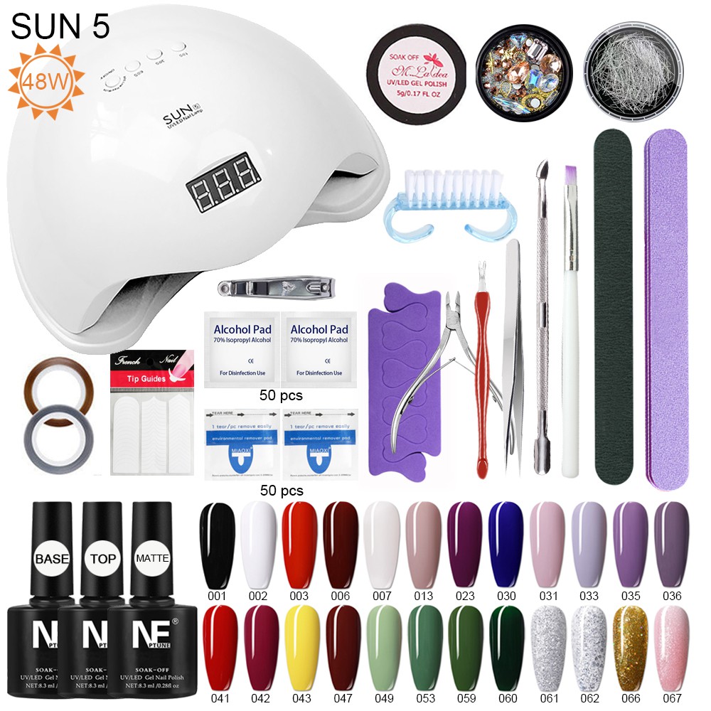 Bộ làm móng đầy đủ mini tại nhà (sơn gel 24 chai +máy hơ gel sun 5+dụng cụ làm móng+top& base& top lì sơn gel)