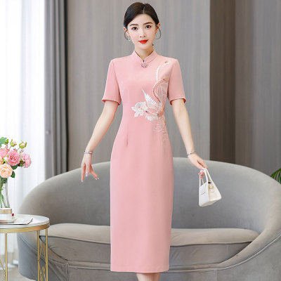 Improved cheongsam 2021 new autumn and winter mid-sleeve lace young dress autumn female spring and autumn Chinese style pink